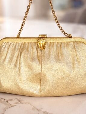 True Vintage Andes Sparkly Gold Clutch Evening Hand Bag Purse Rhinestone Clasp